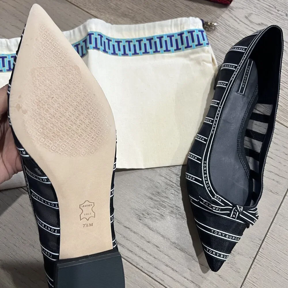 Tory Burch Penelope Mesh Flats Pointed Toe Logo Size 7.5 NEW